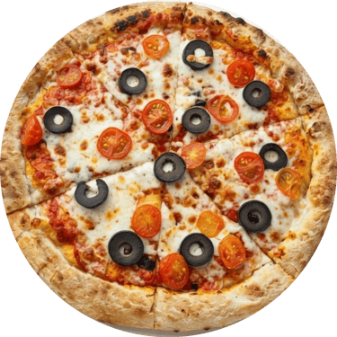 Freshly baked veggie pizza with melted mozzarella cheese, sliced black olives, and cherry tomatoes.