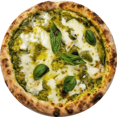 Fresh Neapolitan pizza with pesto sauce, melted mozzarella cheese, and green basil leaves.