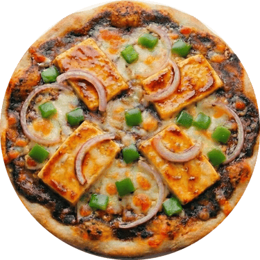 Pizza topped with glazed black pepper sauce, grilled cottage cheese, green peppers, and red onions.
