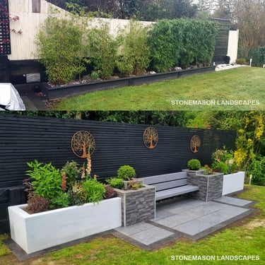 Ultra Modern Chic Dynamic Raised Split Face Planters Porcelain Patio & Bench Before & After