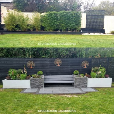 Ultra Modern Chic Dynamic Raised Split Face Planters Porcelain Patio & Bench Before & After