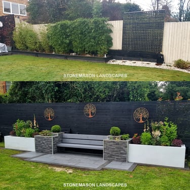 Ultra Modern Chic Dynamic Raised Split Face Planters Porcelain Patio & Bench Before & After
