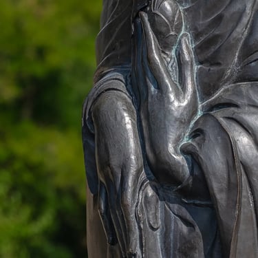 Hands seen from the opposite side, upper hand gently holding a lotus flower.
