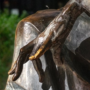 Close-up of Liszt’s left hand, fingers arched to evoke legendary piano technique.