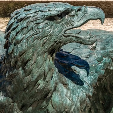 Close-up of the eagle’s head at the front of the János Arany monument in Budapest.