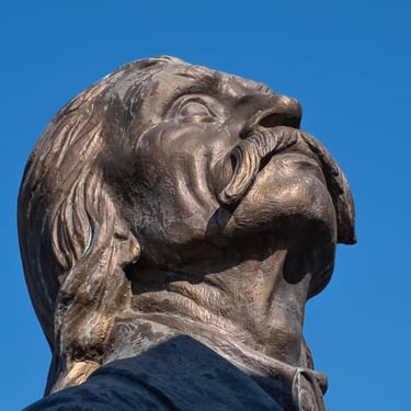 Head of a person gazing upwards at the statue of Lajos Kossuth, expressing admiration.