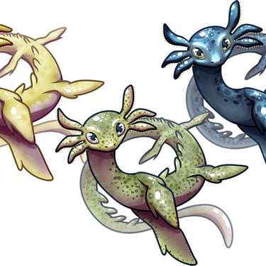 dragons axolotl jaune vert et bleu