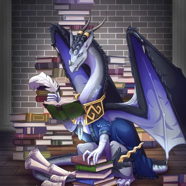 Dragonne chroniqueuse avec pleins de livres et de parchemins