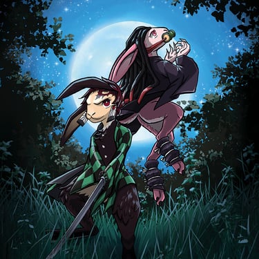 lapin frère et soeur chasseur de demon sous la pleine lune