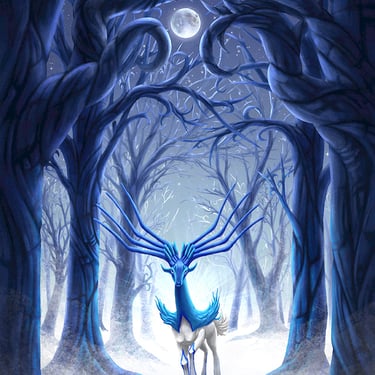 cerfe mythique dans une forêt d'arbres bleu et de la neige avec une pleine lune