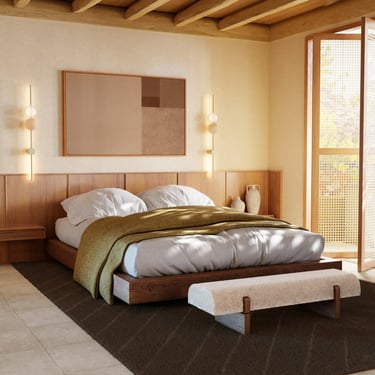 Rendu 3D photoréaliste d’une chambre moderne avec lit en bois, appliques murales design dorées et ambiance chaleureuse.