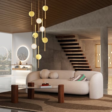 escalier en bois d'intérieur de salon en 3d avec grand tapis et fenetre ouverte