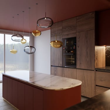 cuisine de couleur en 3d avec du marbre et du bois avec fenetre