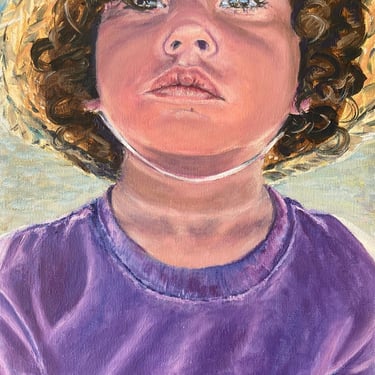 original hand painted oil painting boy purple shirt hat portrait custom 
