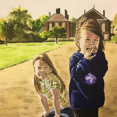 original watercolor painting portrait two girls laughing grass house