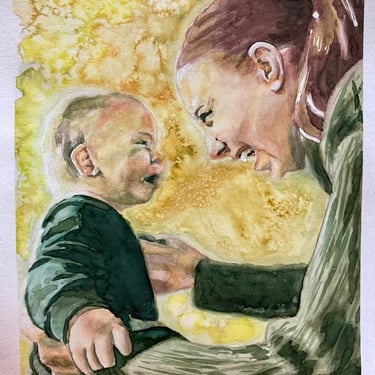 original watercolor painting portrait custom mother and child laughing green shirt