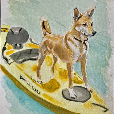original watercolor painting pet portrait custom dog on yellow kayak