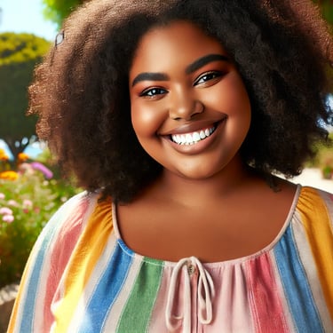 a woman with a large afro hair and a colorful striped top
