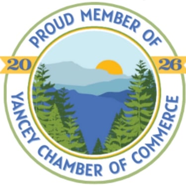 Yancey Chamber of Commerce 2026 Proud Member badge with Blue Ridge Mountain sunrise illustration