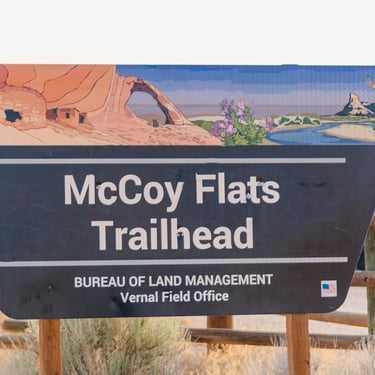 Official McCoy Flats Trailhead sign by Bureau of Land Management Vernal Field Office in Utah.