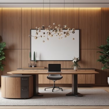 oficina con paredes de madera y luz indirecta