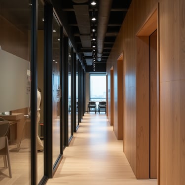 pasillo con mamparas de cristal, revestido de madera