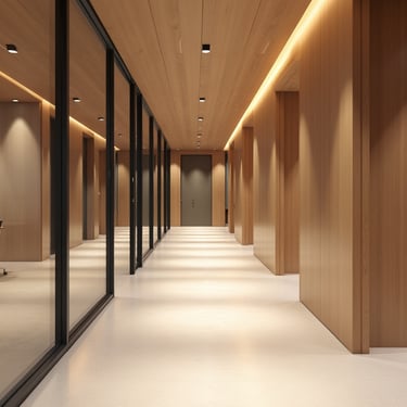 pasillo con mamparas de cristal y paredes revestidas en madera