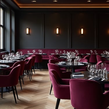 Vista de restaurante con sillas de terciopelo morado