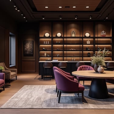 diseno de restaurant con sofas y mesas de madera