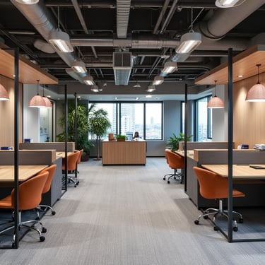 interior de oficina con puestos de trabajo, paredes revestidas en madera