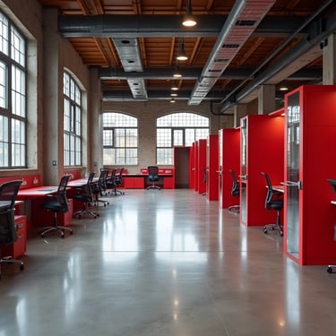 open space with work stations and red walls