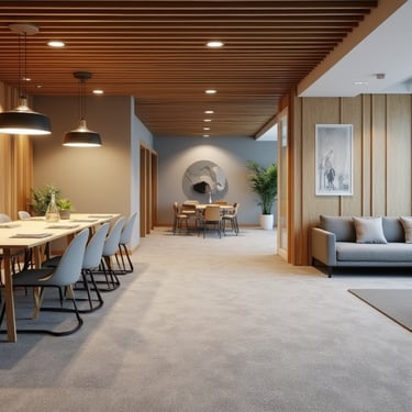 interior con techo de lamas de madera, alfombra gris, paredes revestidas en madera