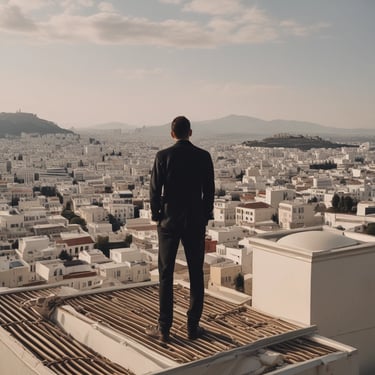 A person is installing solar panels on a metal rooftop with lush green hills in the background. The person is kneeling and using tools to secure the panels. The surrounding environment appears to be a natural, scenic area.