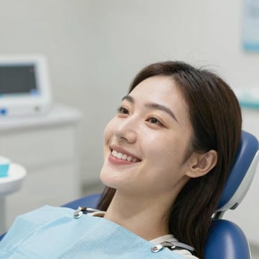 Two dental professionals are working on a patient seated in a dental chair within a modern dental office. The room has white walls, a large window, and a ceiling light fixture with circular designs. Dental equipment and tools are visible around the chair, and a potted plant adds greenery to the space.