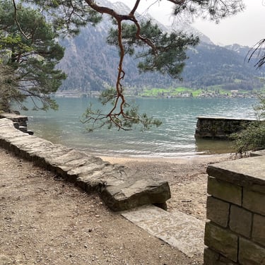 View of a small beach near Neuhaus outside of Interlaken Switzerland