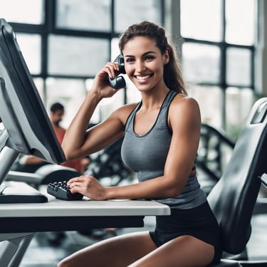 woman sitting on desk with phone smailing