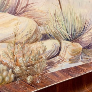 Angled close-up of wood flooring blending into a mural with painted ground cover plants.