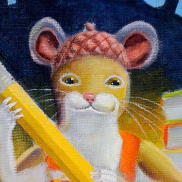A trompe l'oeil mural with a close-up of a book cover from The Library Mouse series