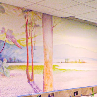 Angled view on colourful waiting room mural in progress showing a lake, trees and mountains.