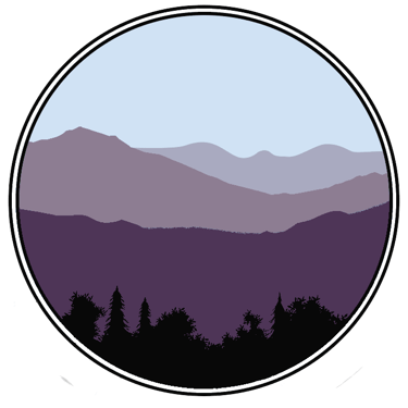 Mountain Tea Leaves logo featuring purple mountains enclosed in a circular border.