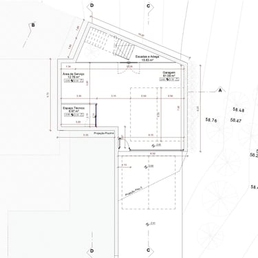 Legenda da imagem: Moradia em Lagos. Projeto de Arquitetura. Planta do Piso -1.