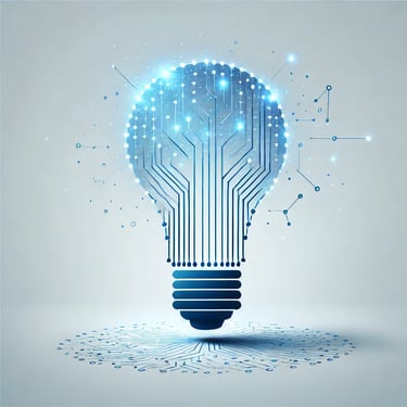 glowing lightbulb made of simple digital circuit lines, transitions into interconnected nodes
