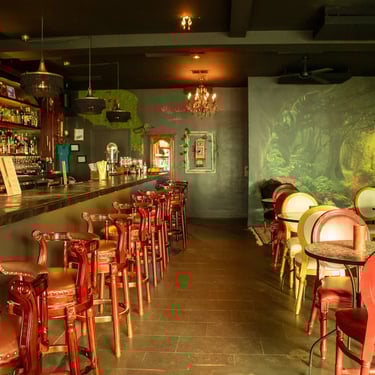 Empty bar with red chairs and tables lined up along a wall.