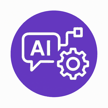 Icon mit AI-Text, Chat-Symbol und Zahnrad – Symbol für automatisierte KI-Workflows und No-Code-Tools