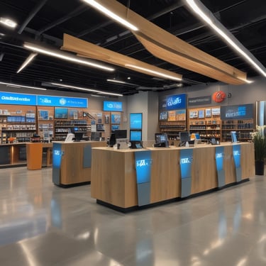 A modern office setting with a professional reviewing documents on a laptop.