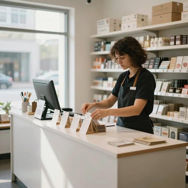 Wide shot of a small retail service counter in daylight — a staff member behind the counter arranging product tags, shelves with neatly organized goods visible in background, bright ambient window light, no clutter