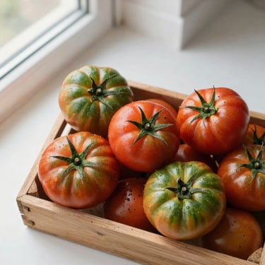 Overhead flat-lay of vibrant heirloom tomatoes in a wooden crate, dustings of soil, soft morning window light, high contrast shadows