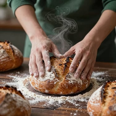 Close-up of hands dusting flour over freshly baked sourdough boules on a dark wooden table, steam rising slightly, moody Scandinavian light