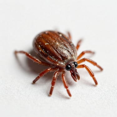 Macro close-up of a dog tick, Rhipicephalus sanguineus, detailed shell anatomy, bright clinical white background