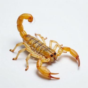 Macro photography of a yellow scorpion, highly detailed, clean clinical lighting, isolated on a sterile white surface.